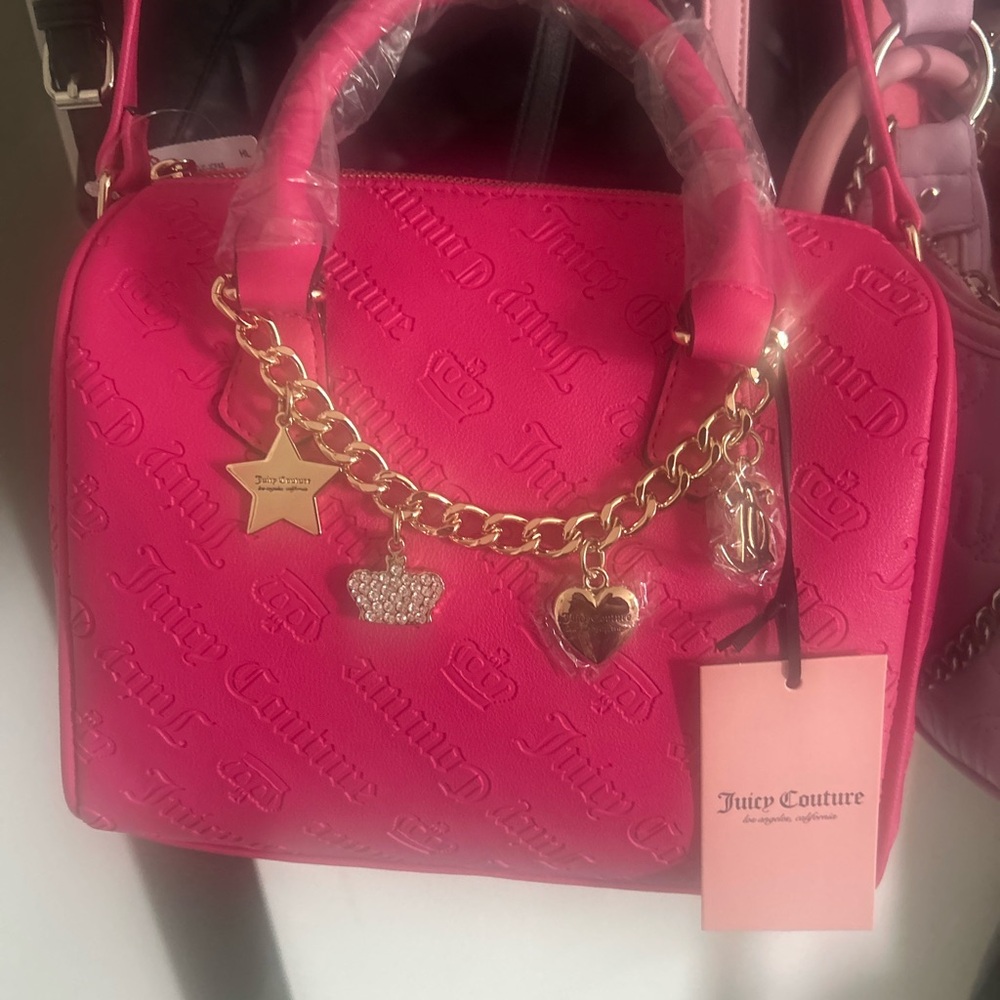 Juicy Couture Bright Pink Embossed Satchel with Gold Charm Chain